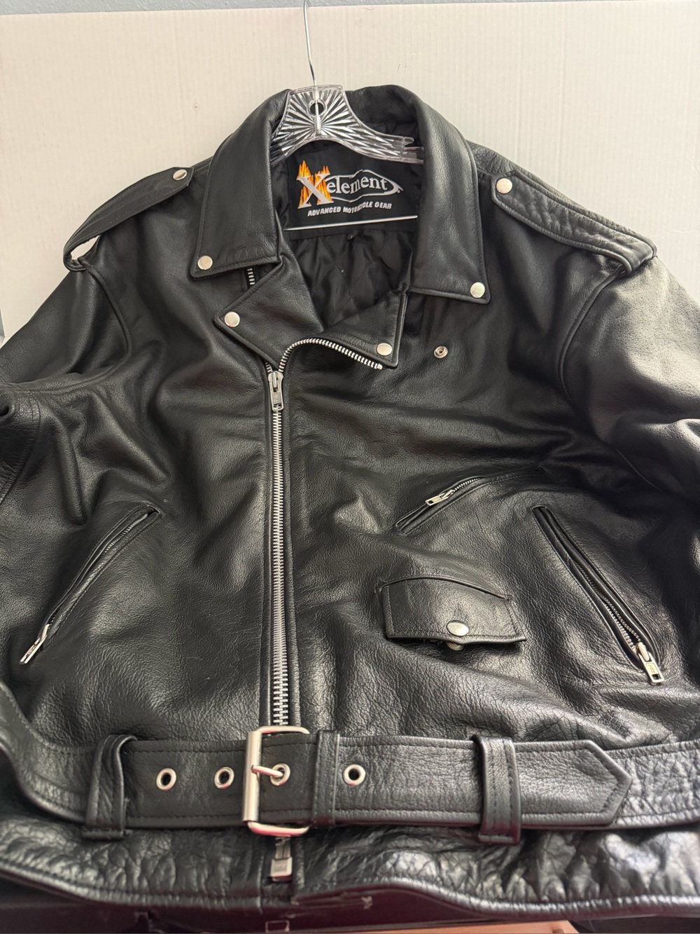 X Element Motorcycle Black Leather Bomber Jacket with Belt